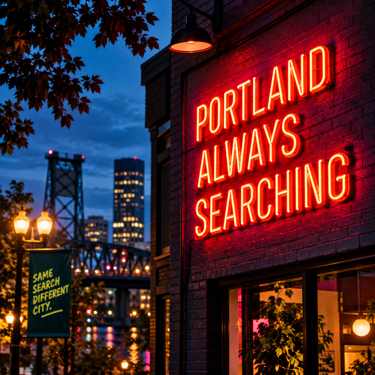 Portland Always Searching neon sign against a brick building at dusk