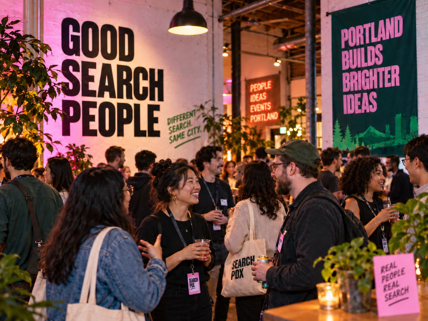People gathering beneath Good Search People and Portland Builds Brighter Ideas signs